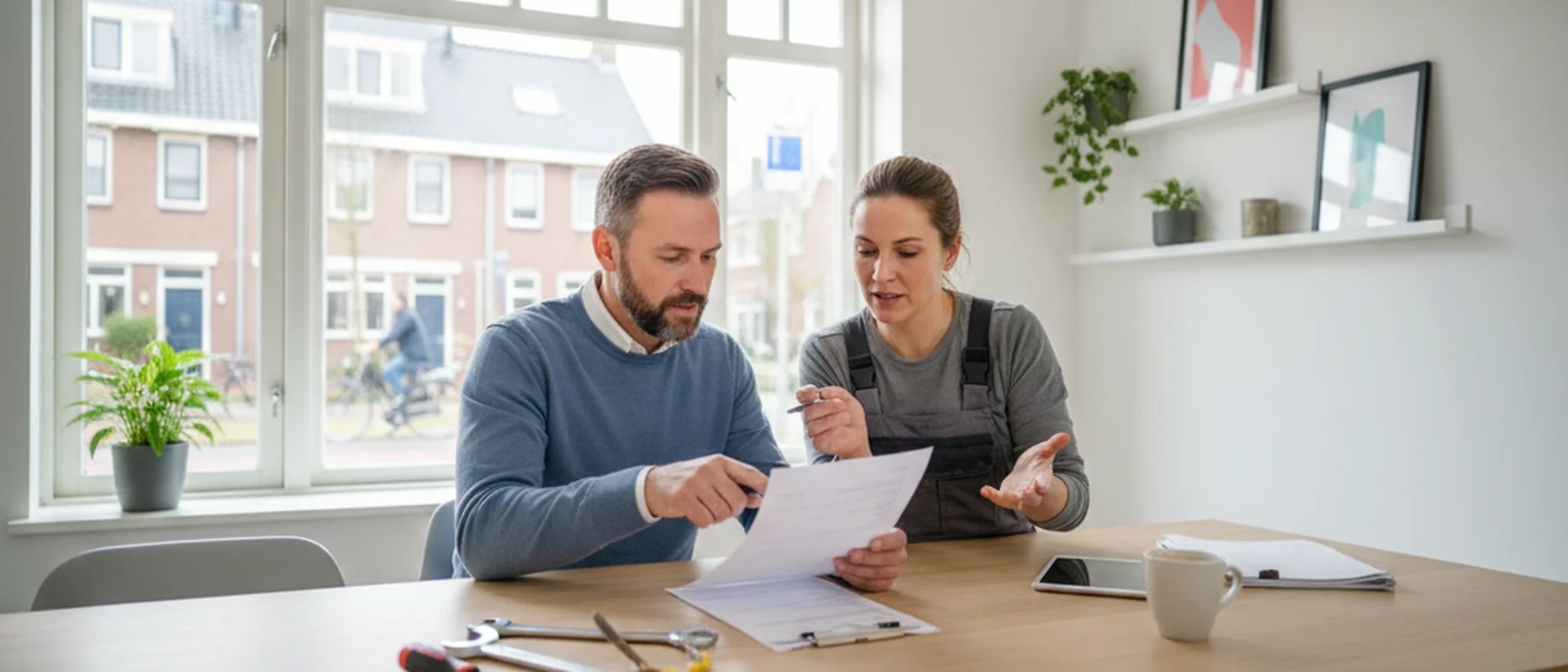 Huiseigenaar en klusjesman bespreken een offerte aan de keukentafel in een Nederlandse rijtjeswoning