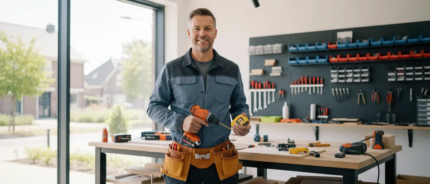 Nederlandse klusjesman meet een houten plank op met een rolmaat in een moderne woonkamer