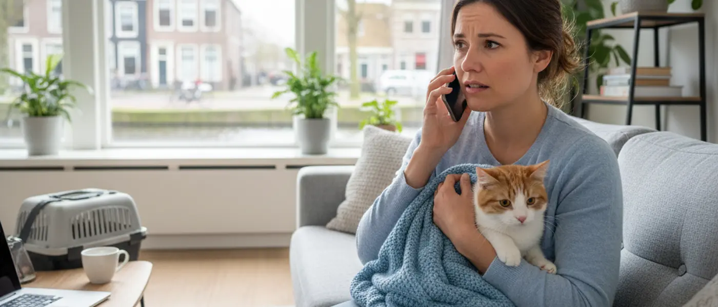 Bezorgde eigenaar belt de spoeddierenarts terwijl ze haar kat in een deken vasthoudt in de woonkamer