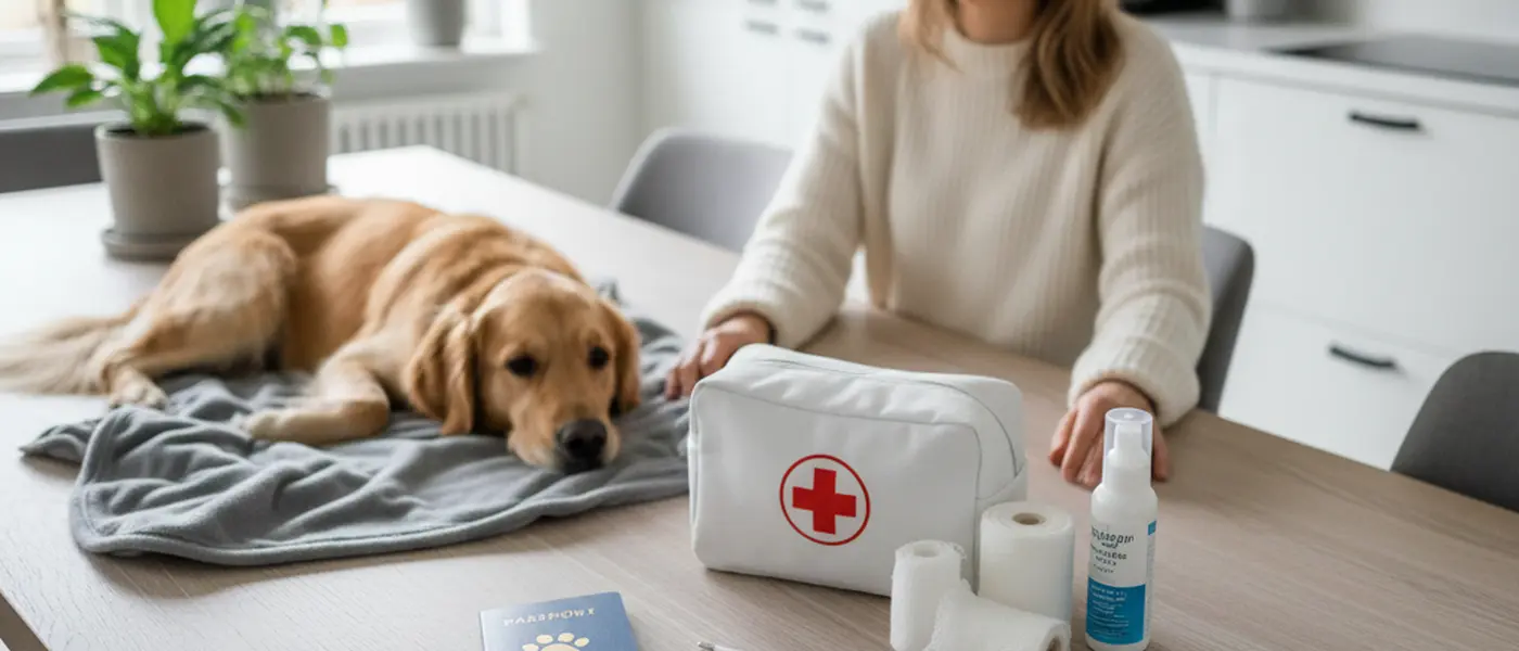 Huisdieren-EHBO-kit met gaasverband, desinfecterend middel en dierenpaspoort op een keukentafel
