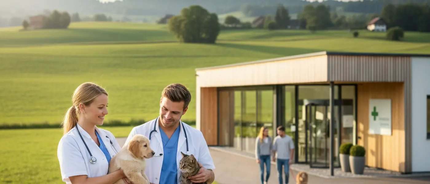 Nederlandse dierenarts onderzoekt een golden retriever op de behandeltafel in een moderne dierenkliniek
