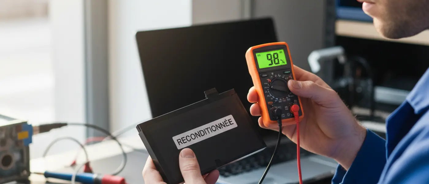 Inspection d'une batterie de PC portable reconditionné avec un multimètre affichant le pourcentage de capacité