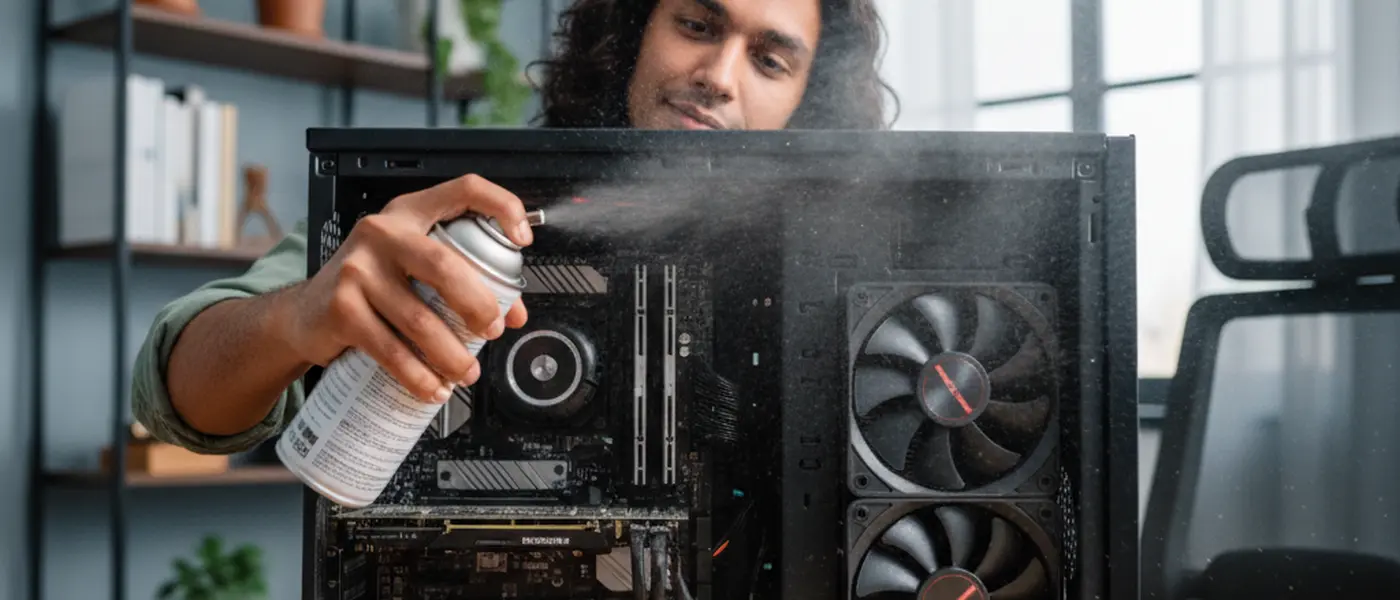 Pessoa limpando componentes internos de computador com ar comprimido em escritório doméstico no Brasil
