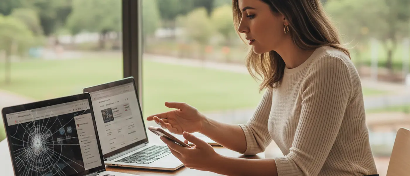 Mulher brasileira comparando custos de reparação no laptop ao lado de notebook com defeito