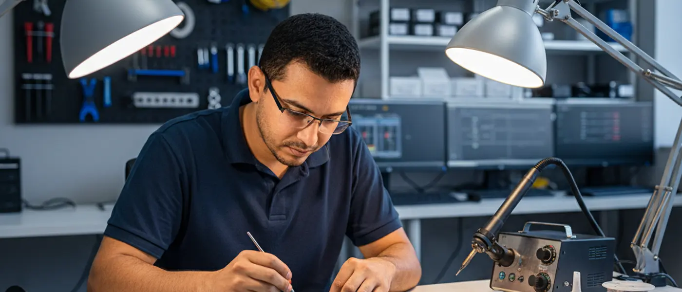 Técnico brasileiro reparando placa-mãe de laptop com ferramentas de precisão em oficina bem iluminada