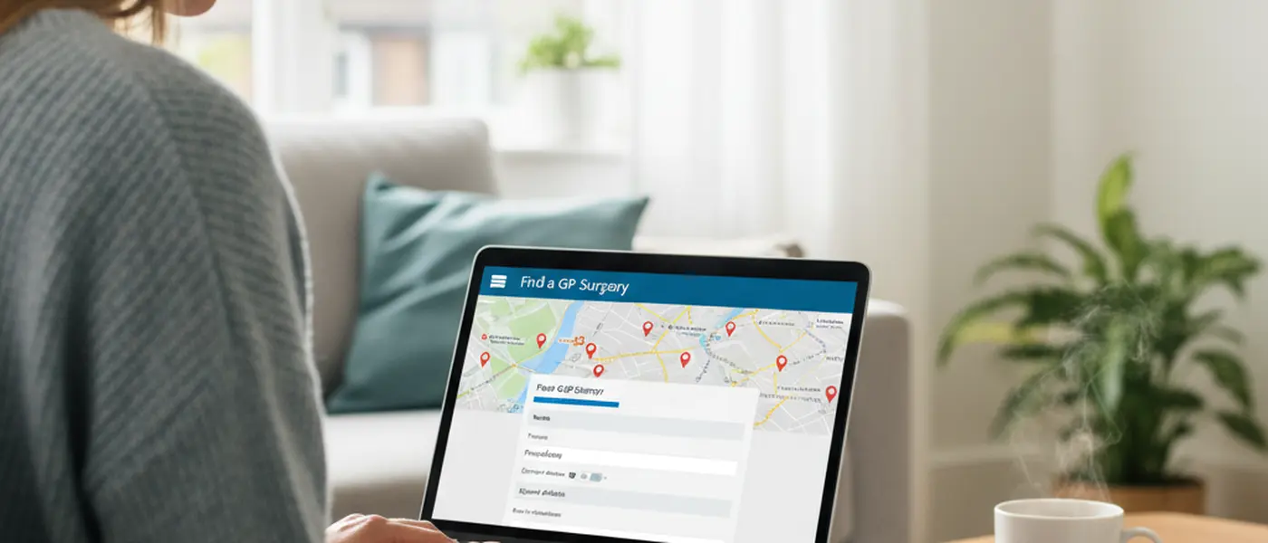 Person searching for GP surgeries online on a laptop in a UK home setting