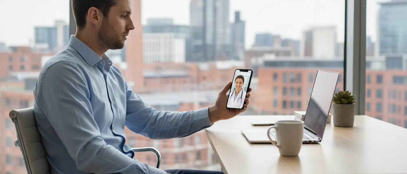 Young professional having a video consultation with a doctor on a smartphone from a home office