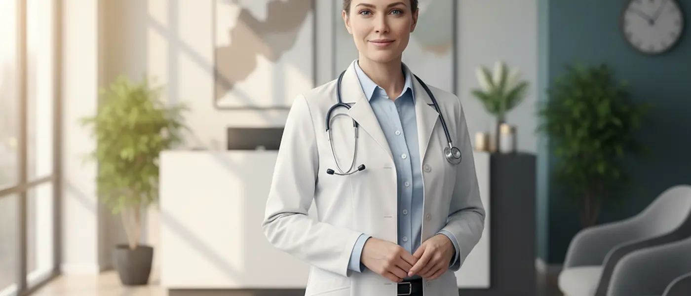 British GP doctor consulting with a patient in a modern NHS clinic