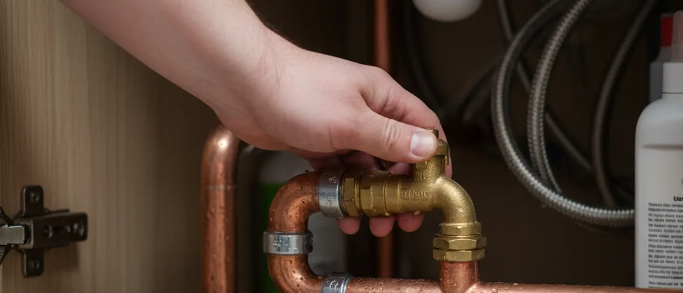 Homeowner turning a brass stopcock valve under a kitchen sink to shut off the water supply