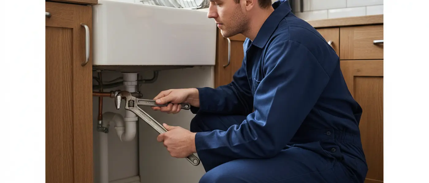 Professional plumber in work overalls repairing a pipe under a kitchen sink in a British terraced house