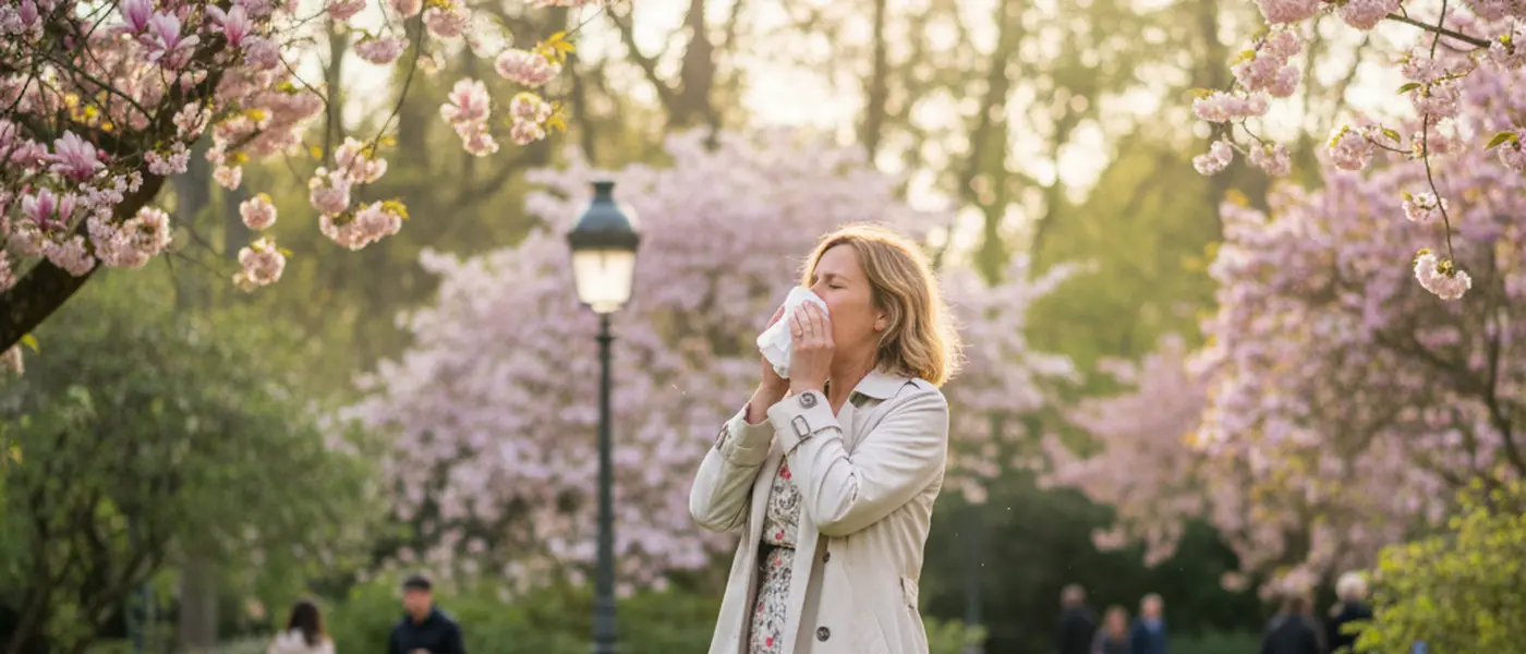 Femme en extérieur souffrant d'allergie aux pollens au printemps