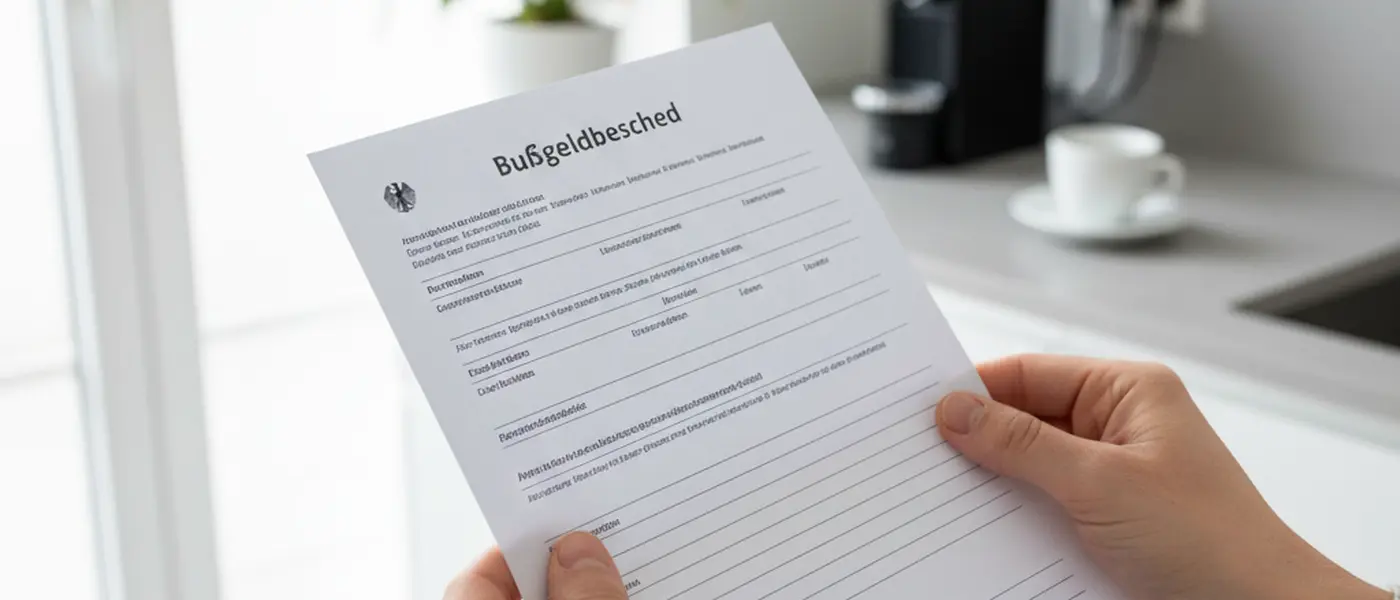 Person hält einen deutschen Bußgeldbescheid in der Hand, natürliches Tageslicht in einer modernen Küche