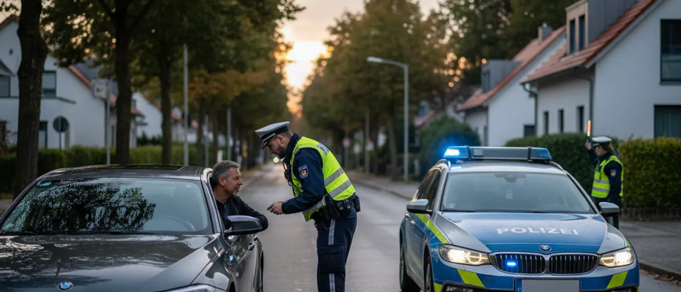 Polizist bei einer Verkehrskontrolle spricht mit einem Fahrer an einer deutschen Vorortstraße in der Abenddämmerung