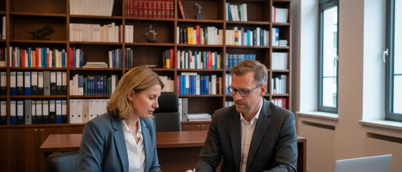 Fachanwalt für Verkehrsrecht berät eine Mandantin in einer modernen deutschen Kanzlei