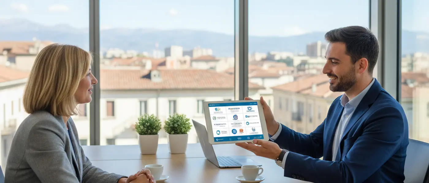 Tecnico informatico che mostra certificazioni professionali su tablet a un cliente in ufficio