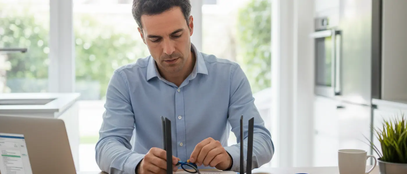 Tecnico informatico che configura un router di rete domestica con laptop e cavi in un ambiente residenziale