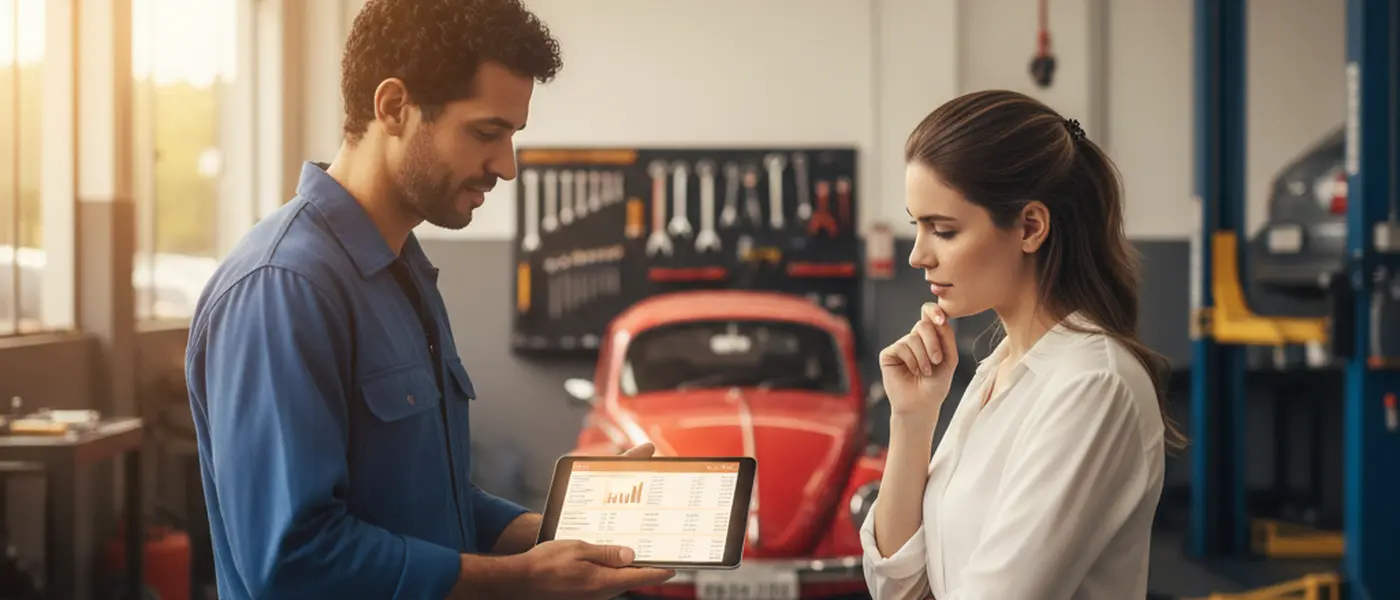 Mecânico automóvel apresentando orçamento detalhado em tablet para cliente em oficina moderna