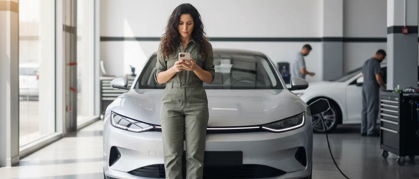 Cliente pesquisando avaliações de oficina mecânica no smartphone ao lado do seu carro em garagem