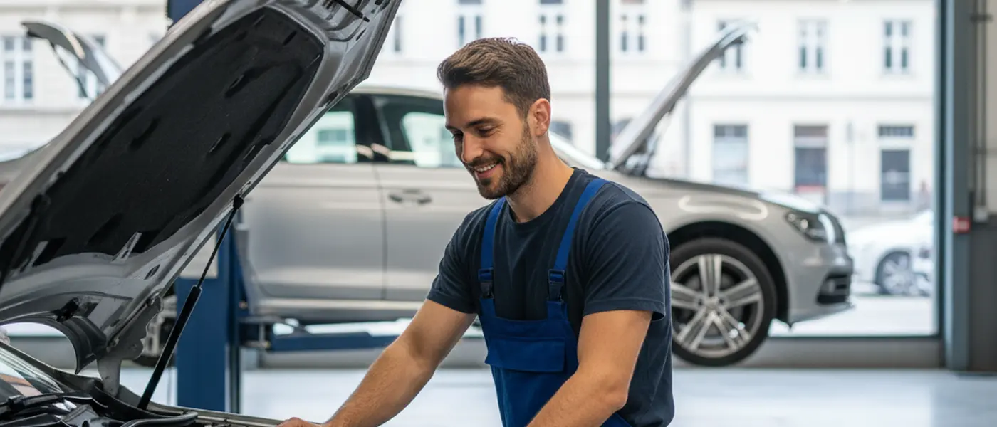 Mecânico automóvel brasileiro usando scanner de diagnóstico em motor de carro em oficina moderna e organizada