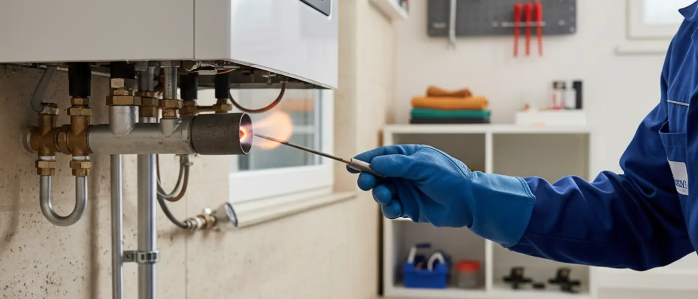 Technicien chauffagiste inspectant le brûleur d'une chaudière gaz dans un local technique résidentiel en France