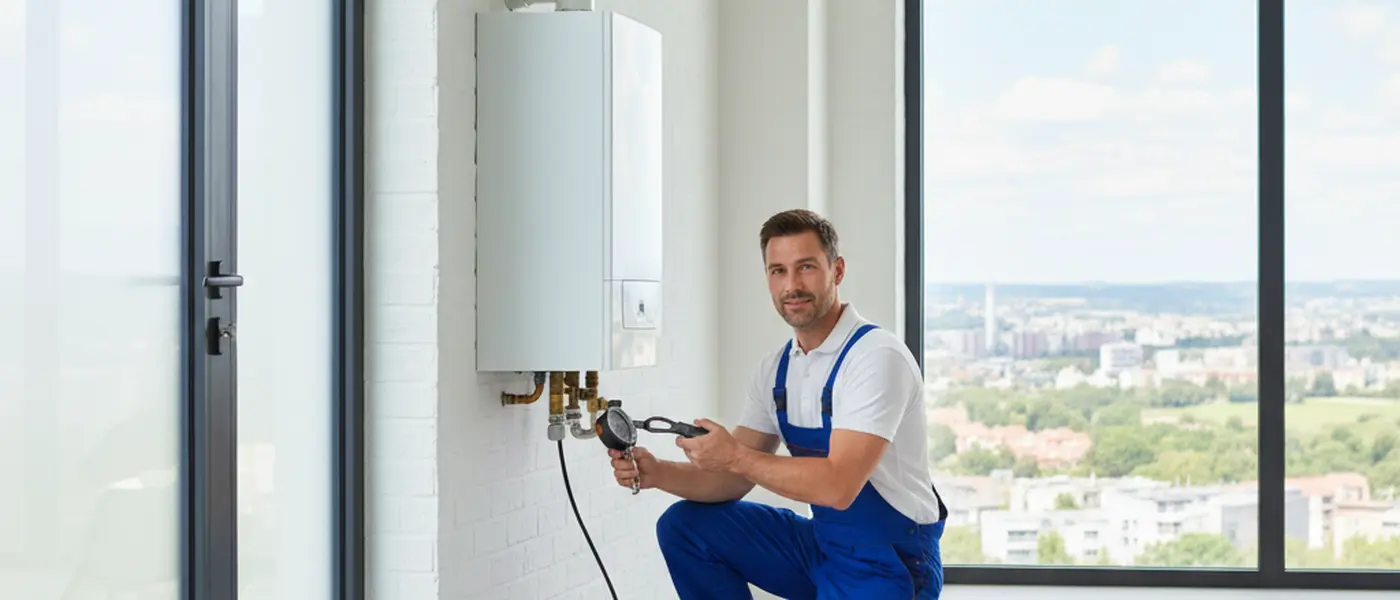 Technicien chauffagiste en bleu de travail inspectant une chaudière gaz murale dans une cuisine parisienne moderne