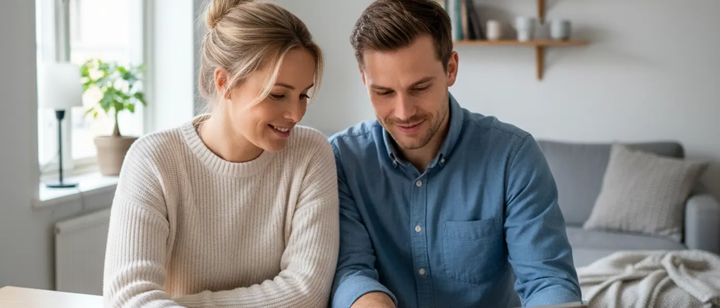 Svenskt par granskar ett hyreskontrakt vid köksbordet med en surfplatta som visar en digital chatt med en jurist