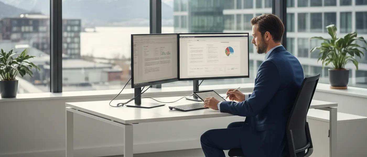 Svensk jurist arbetar vid ett modernt skrivbord med dubbla skärmar och granskar juridiska dokument digitalt