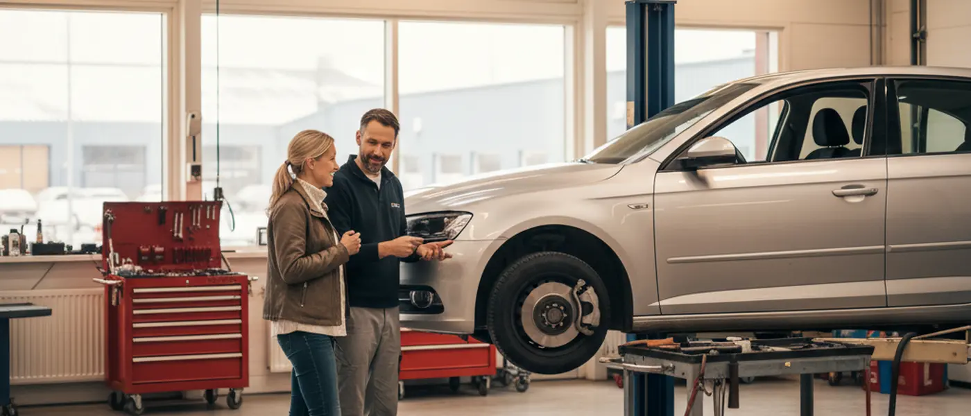Kund och mekaniker diskuterar bromsreparation vid en bil på lyft i en svensk verkstad