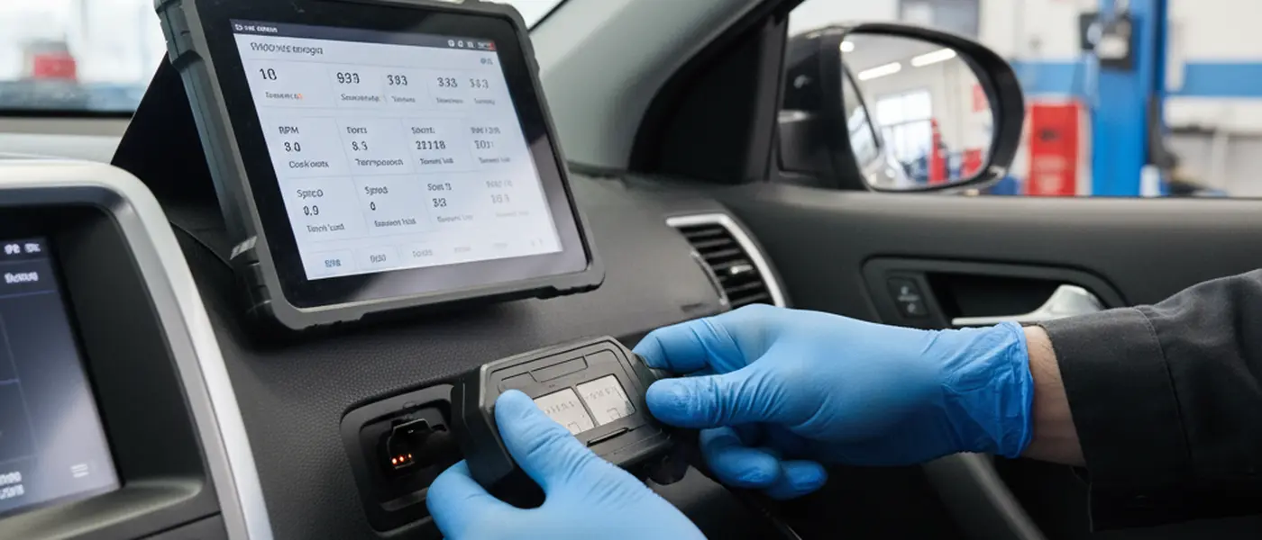 Mekanikers händer ansluter en OBD-diagnostikscanner till en bils port under instrumentbrädan