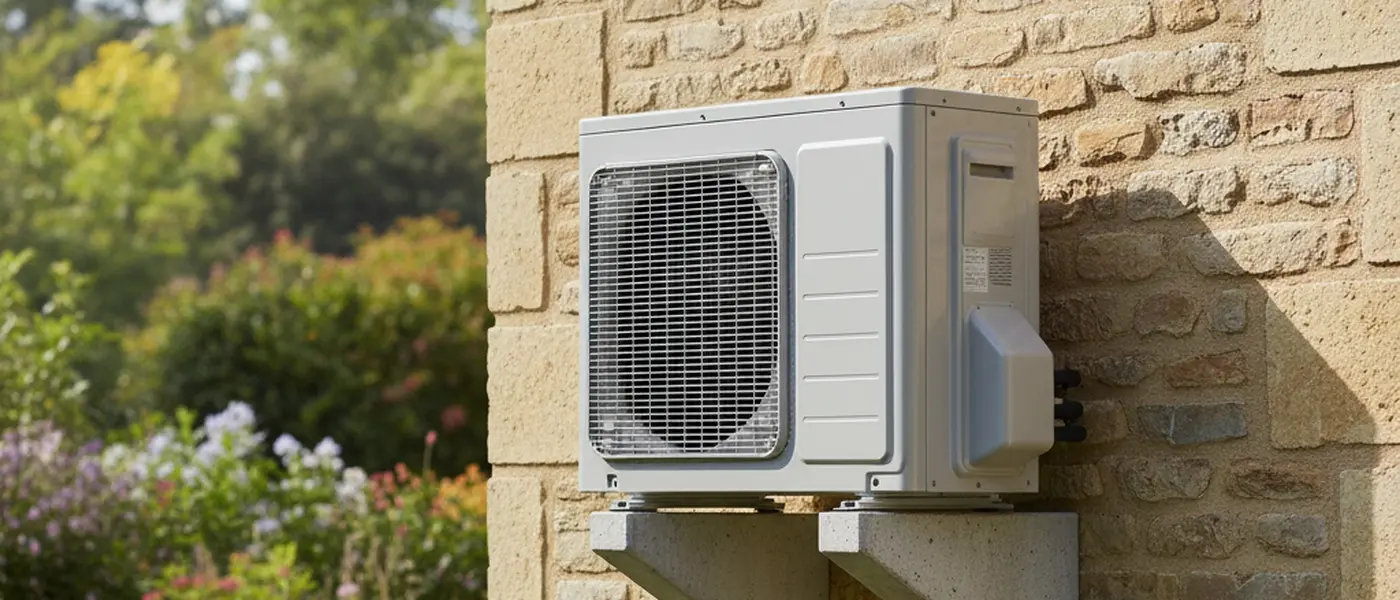 Unité extérieure de pompe à chaleur air-air installée sur la façade d'une maison française avec jardin