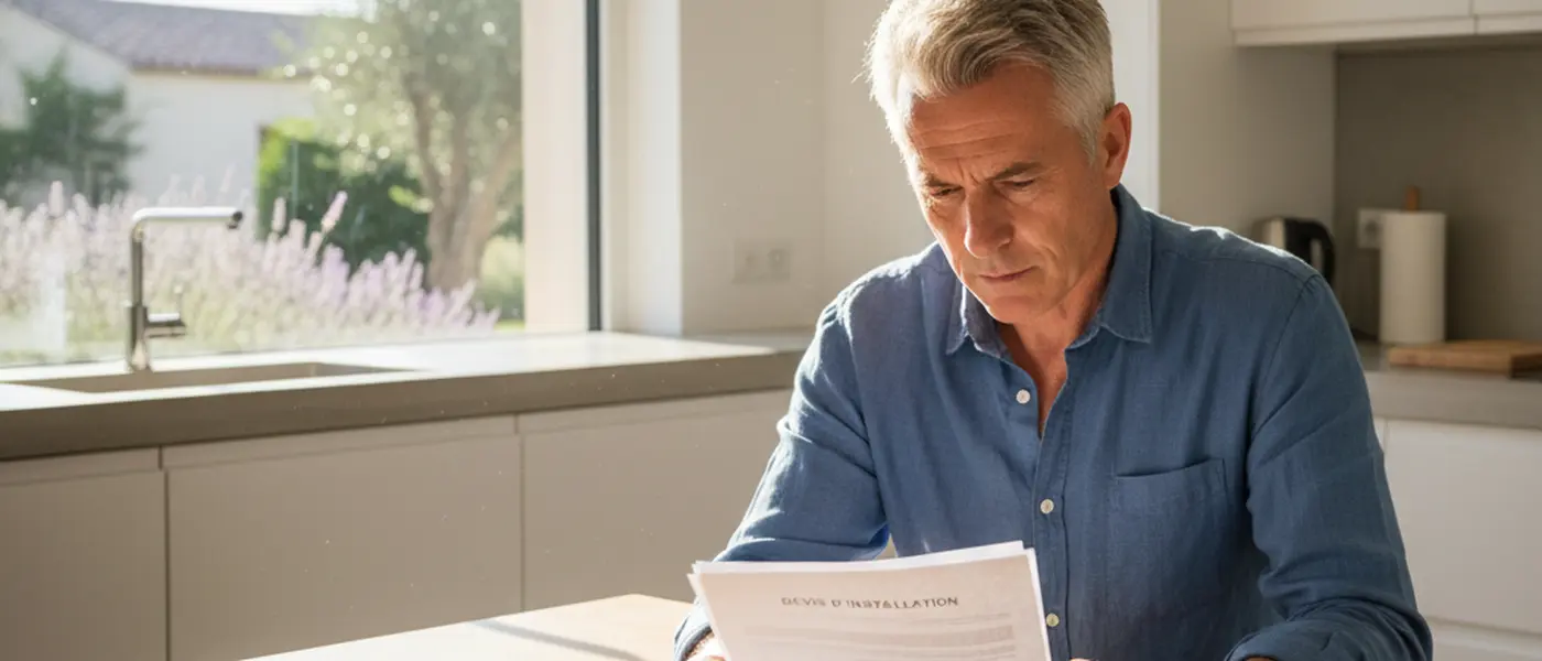 Propriétaire français consultant un devis d'installation de pompe à chaleur sur tablette dans sa cuisine