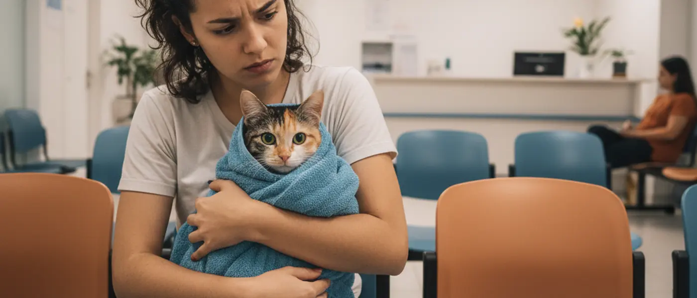 Tutora preocupada segurando gato enrolado em toalha na sala de espera de emergência veterinária noturna