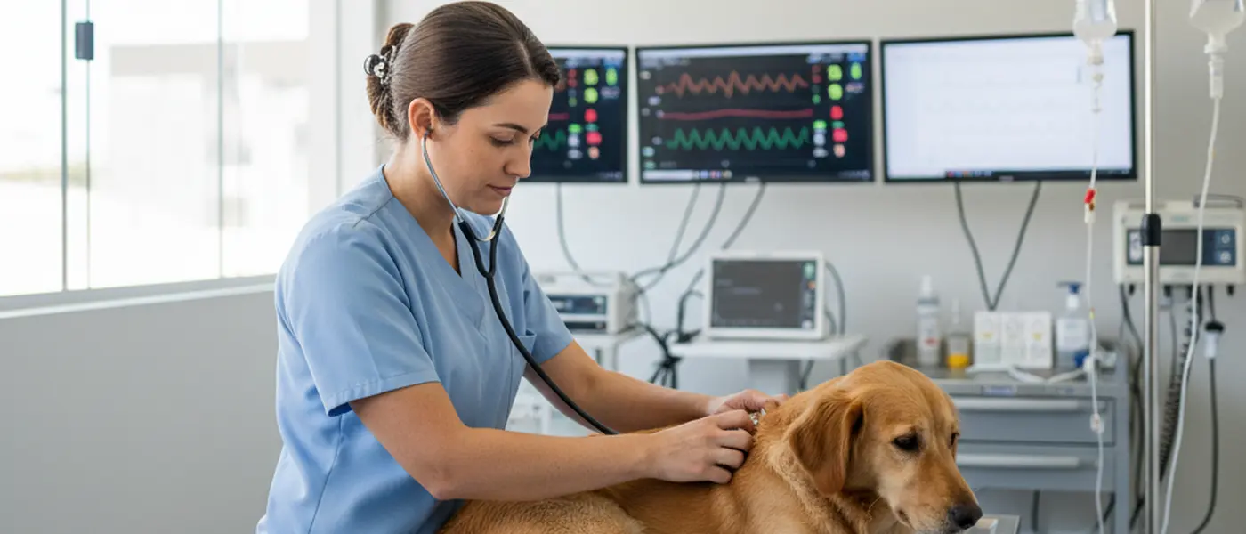 Enfermeira veterinária auscultando cão com estetoscópio na área de triagem de hospital veterinário