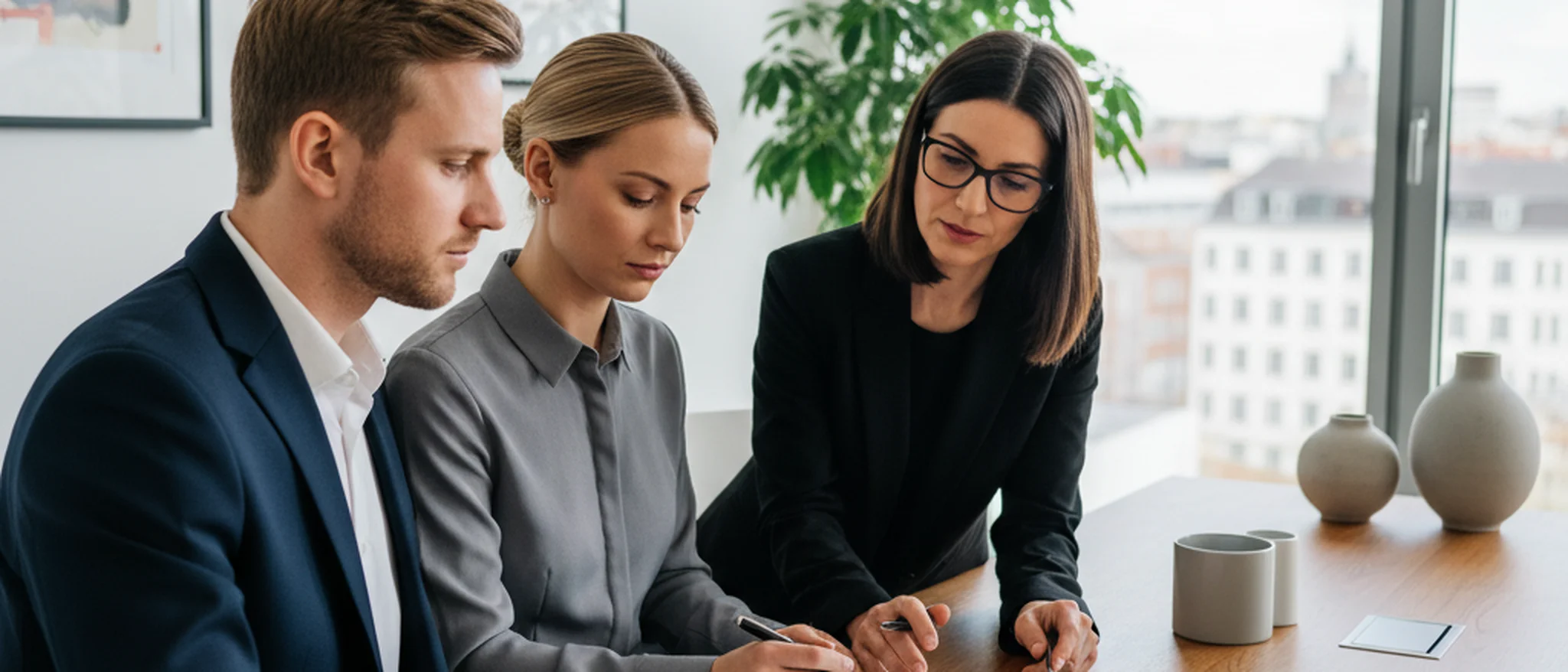 Ehepaar unterzeichnet Scheidungsunterlagen im Büro einer Familienrechtsanwältin