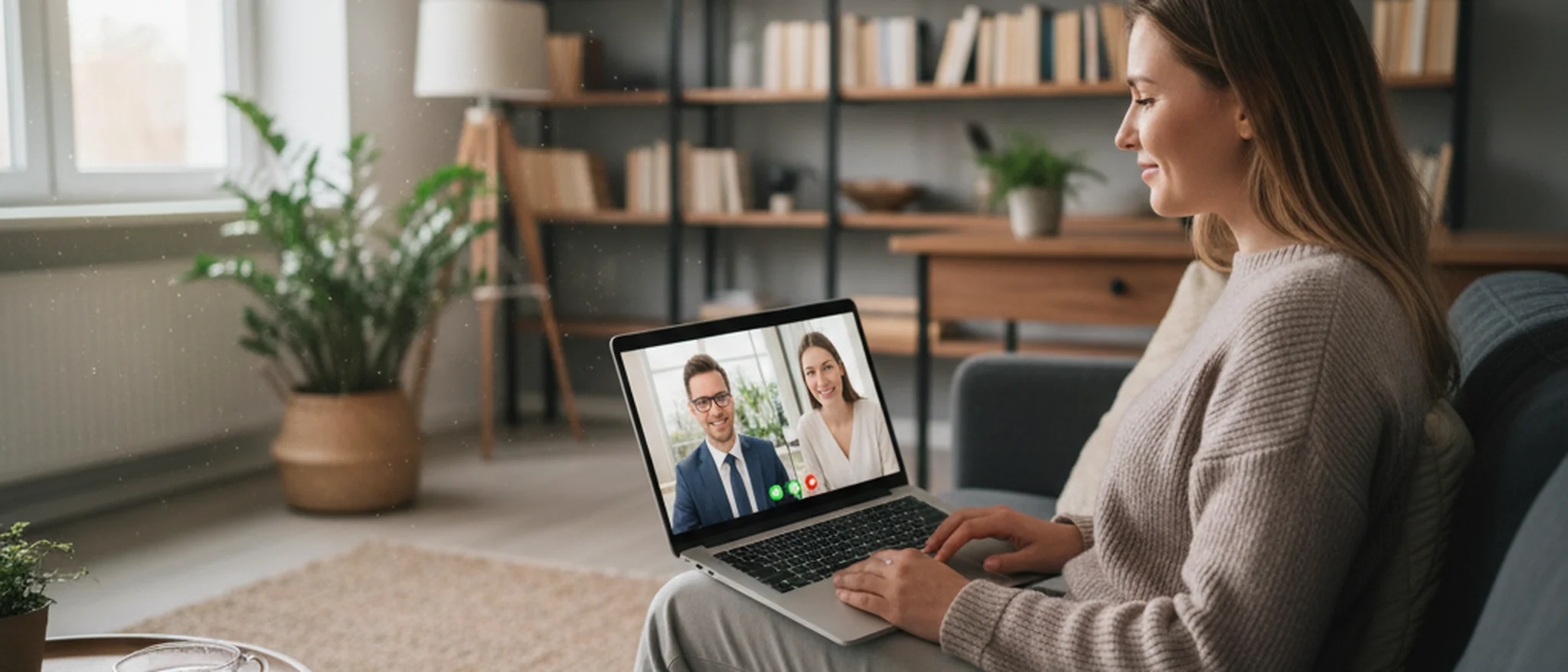 Person zu Hause am Laptop im Videocall mit einem Rechtsanwalt für Familienrecht