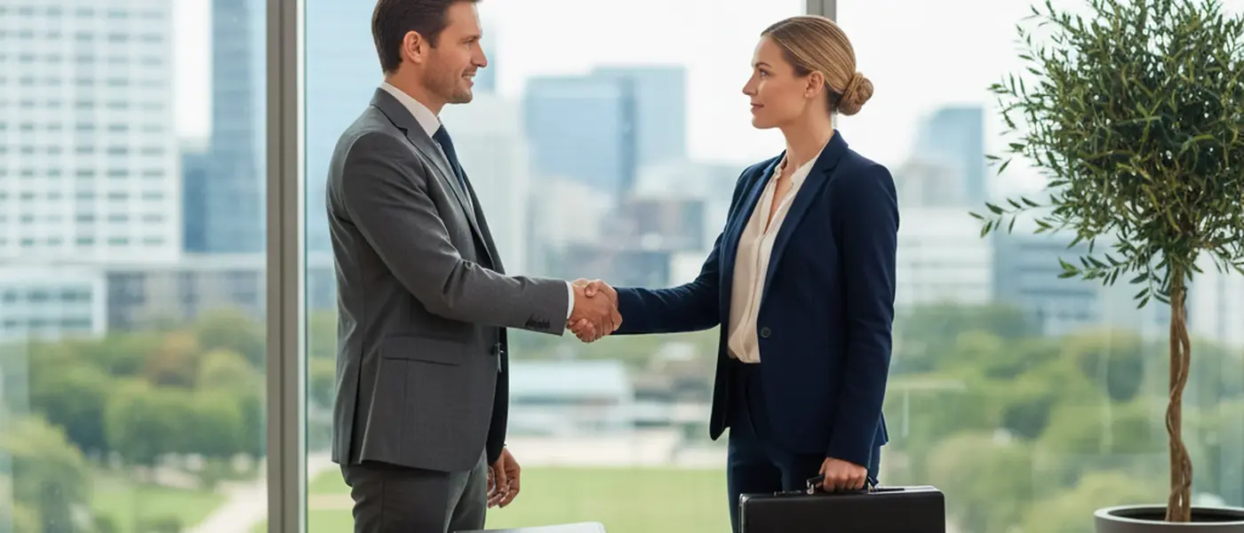 Frau bespricht Scheidungsunterlagen mit einem Anwalt für Familienrecht in einer modernen Kanzlei