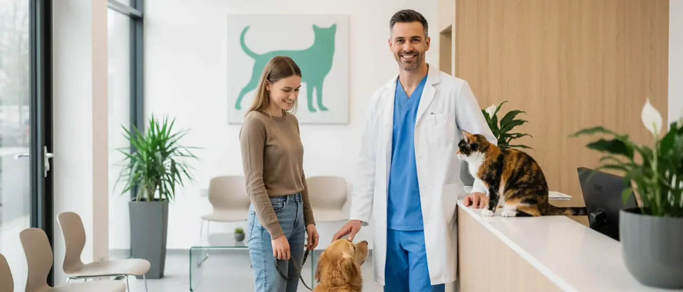 Veterinário profissional a examinar um cão numa clínica moderna