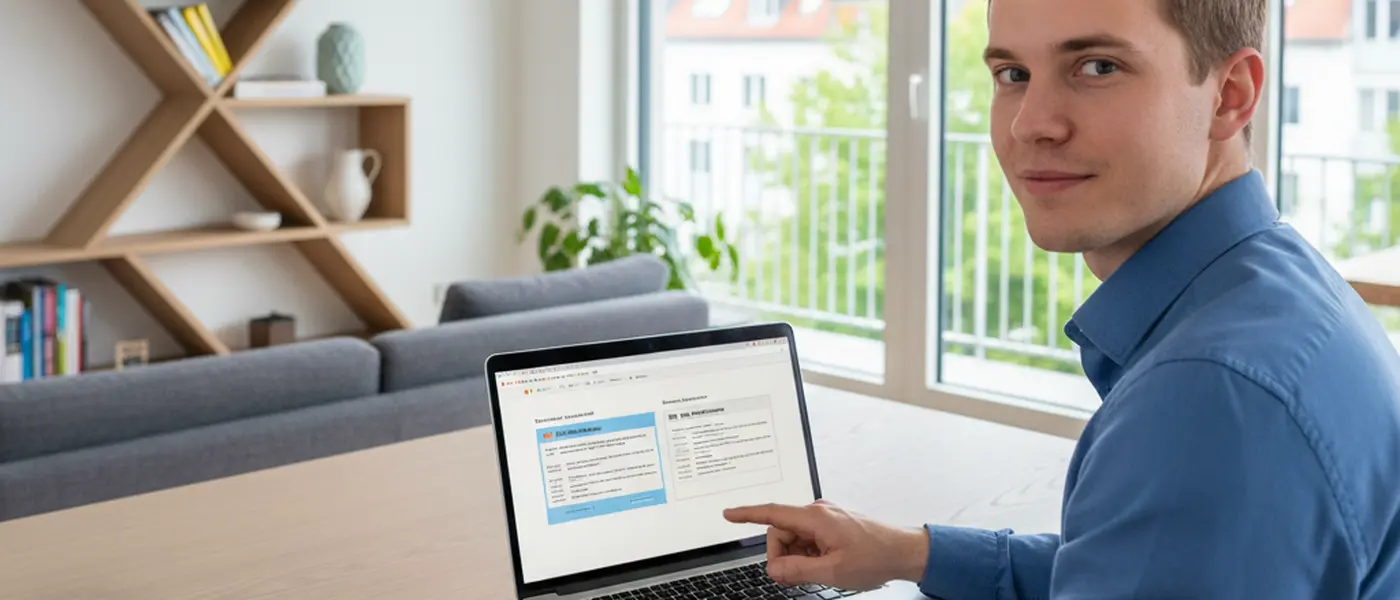 Junger Berufstätiger vergleicht Steuersoftware auf dem Laptop mit einem Steuerbescheid auf dem Schreibtisch