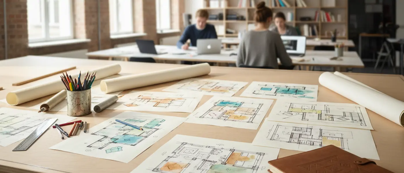 Architekturstudentin skizziert Raumentwürfe an einem Zeichentisch in einem hellen Hochschulatelier