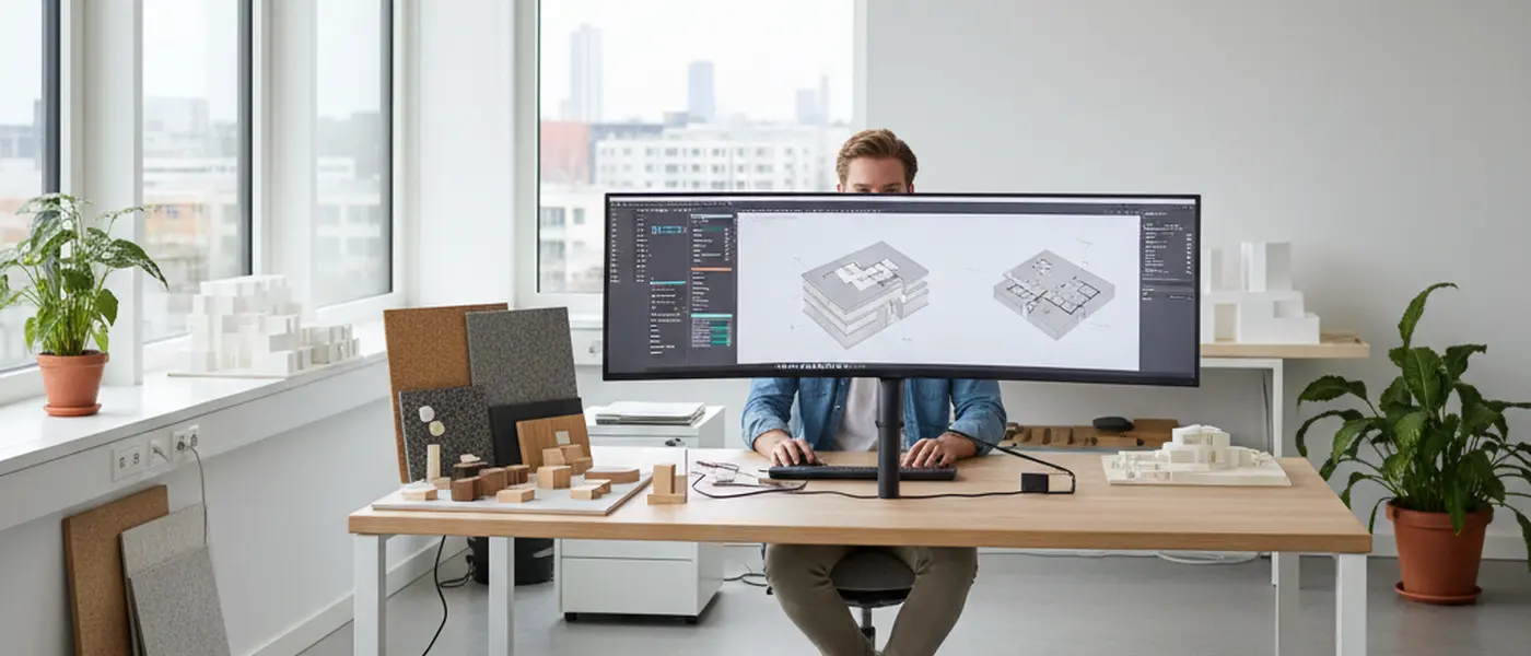 Junge Innenarchitektin arbeitet mit BIM-Software an einem großen Bildschirm in einem modernen Büro