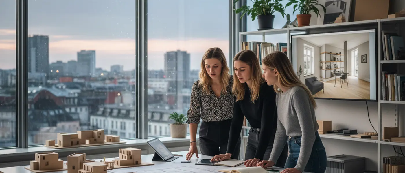 Junge Architekturstudentin skizziert Innenraum-Entwürfe an einem modernen Zeichentisch in einem hellen Hochschulatelier