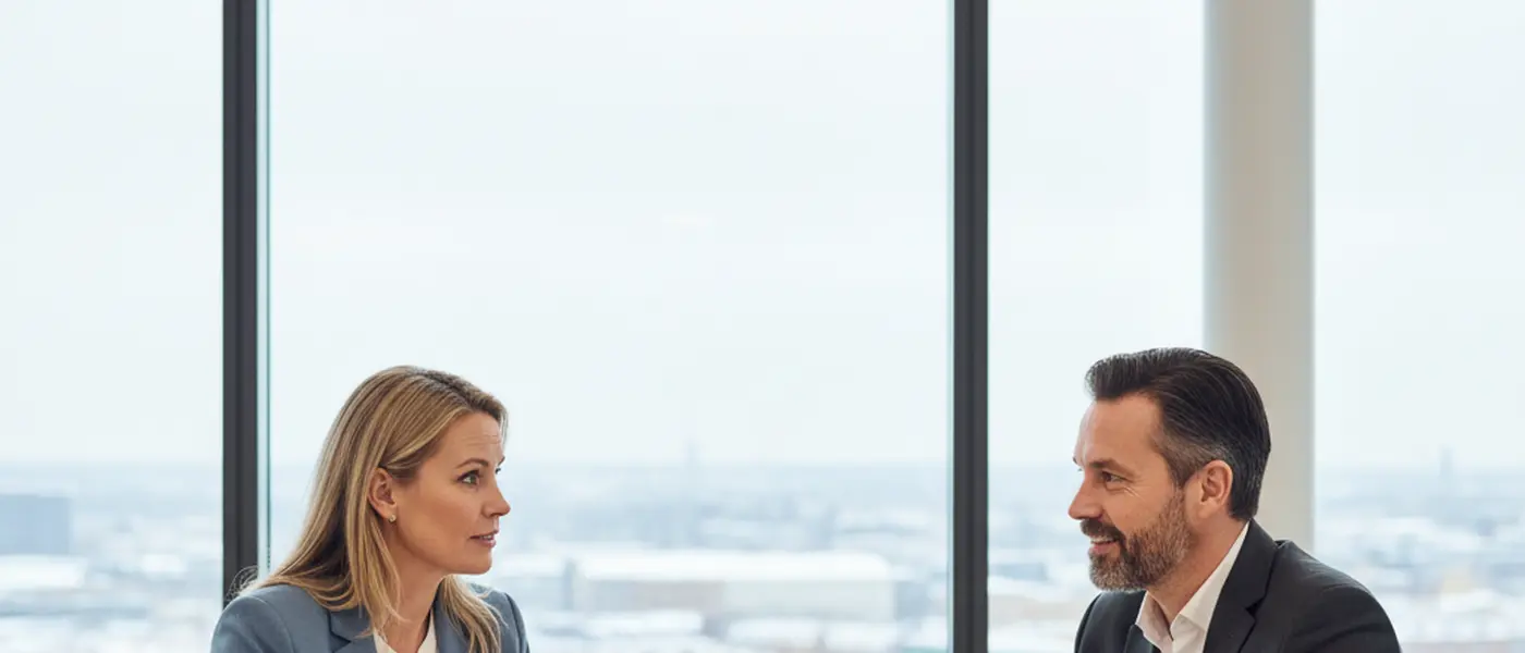 Dansk kvinde i samtale med juridisk rådgiver i et roligt moderne kontor, dokumenter på bordet