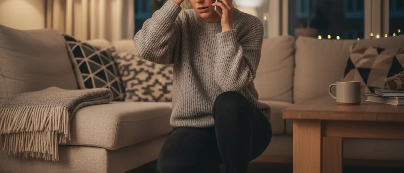 Kvinde ringer til dyrlægevagten fra sin stue om aftenen, mens hendes kat ligger på et tæppe ved siden af