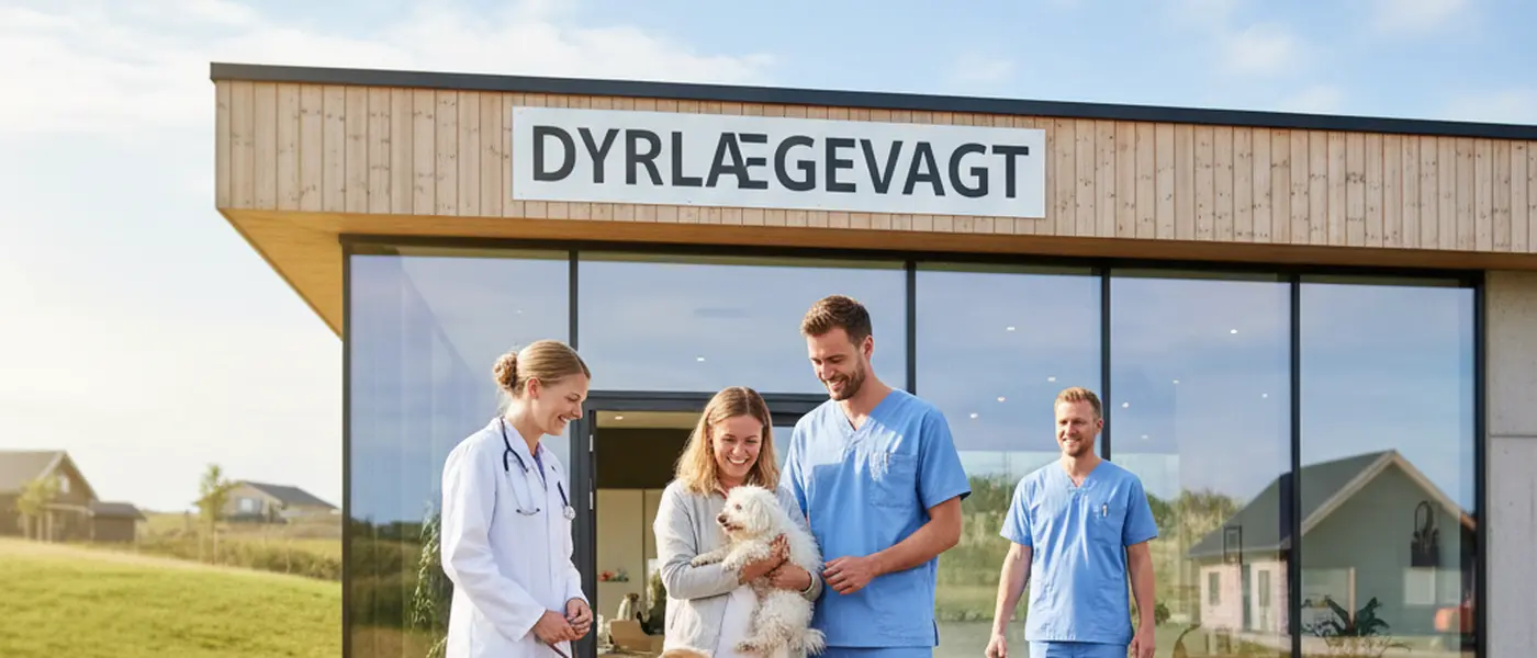 Dyrlæge undersøger en golden retriever i en moderne skandinavisk veterinærklinik om aftenen