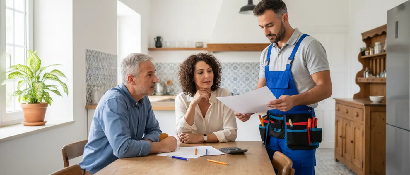 Canalizador português a apresentar um orçamento detalhado a um casal de proprietários na cozinha