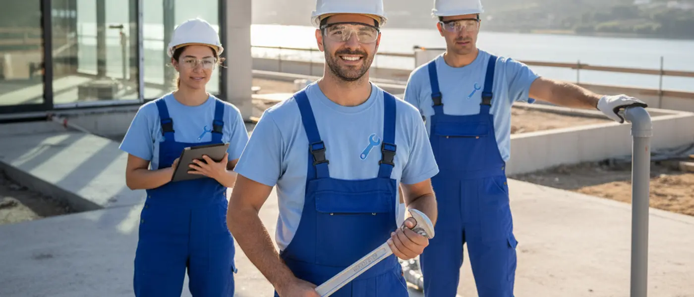 Canalizador português a inspecionar tubagem de cobre sob o lava-loiça numa cozinha residencial na Margem Sul