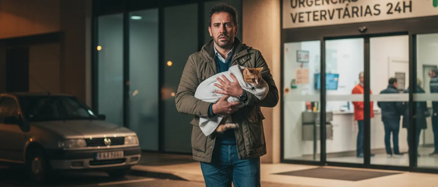 Dona preocupada a chegar a uma urgência veterinária com um gato envolto numa toalha, à noite