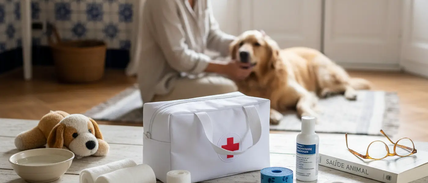 Kit de primeiros socorros veterinários com ligaduras, termómetro e material médico sobre mesa de madeira