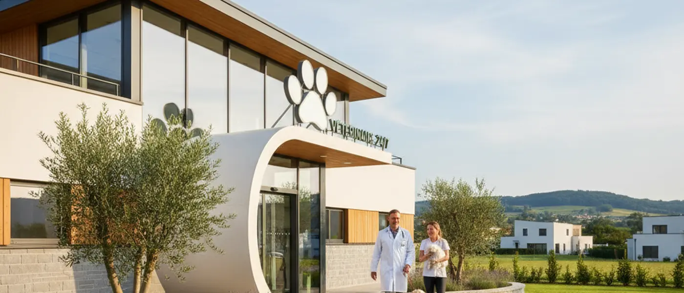 Veterinário português a examinar um golden retriever num hospital veterinário moderno aberto 24 horas