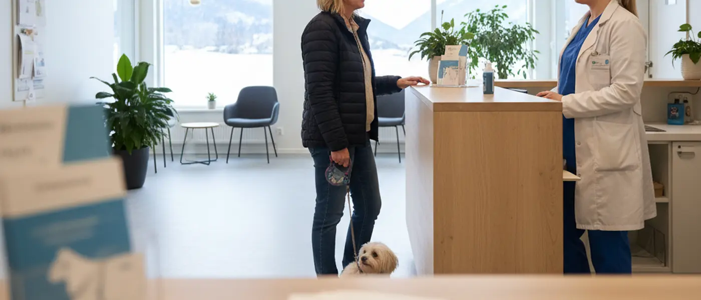 Dyreeier i samtale med veterinær ved resepsjonen på en norsk dyreklinikk